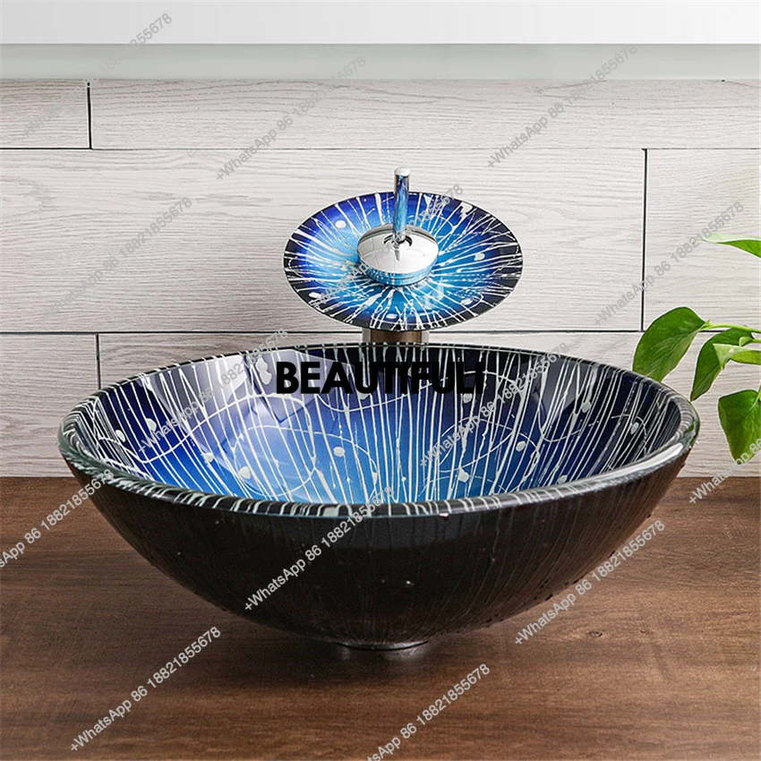 New European style Marble Above Counter Wash Basin hand-painted flame art washbasin Household Bathroom Wash Basin with Faucet