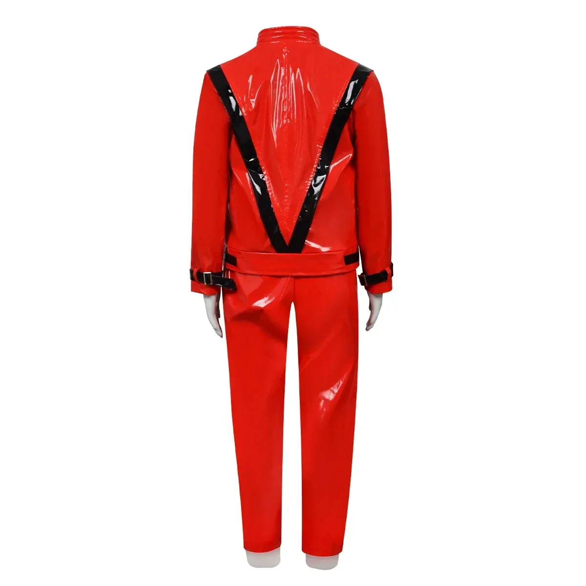 Michael Jackson Thriller Kostümset in Rot und Schwarz mit Farbblockierung, aus Kunstleder, Retro 1980er Jahre Pop-Sänger Cosplay-Outfit für Halloween – Detail 4