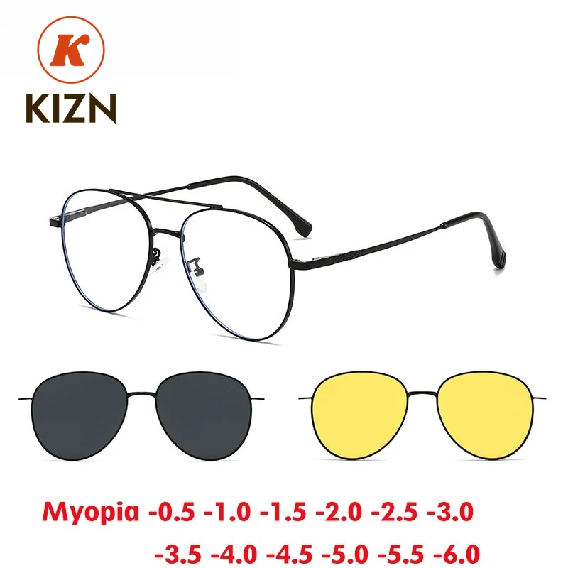 

Классические солнцезащитные очки KIZN для близорукости из сплава для мужчин и женщин с магнитным зажимом, большая оправа, поляризационные очки 3-в-1 с оптиками по рецепту