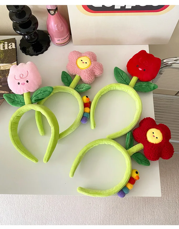 Kreative Plüsch Tuch Farbe Tulpe Blume Raupe Haarbänder Für Mädchen Frau Niedlichen Cartoon Gesicht Waschen Make-Up Stirnband Mode – Detail 11
