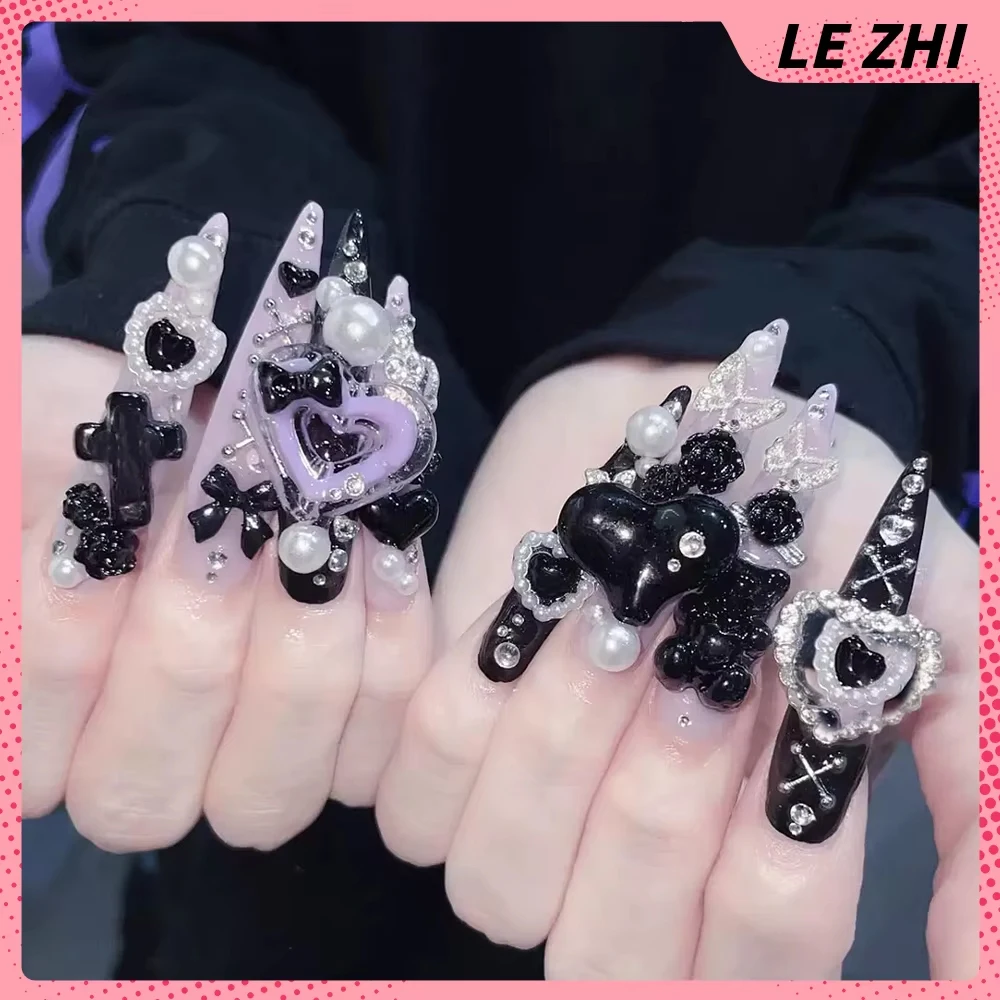Y2K Sweet Cool Cartoon Handmade Long Coffin Almond Press On Nails Diamond Pearl Bow Flowers French Reusable Fake Nail Gift