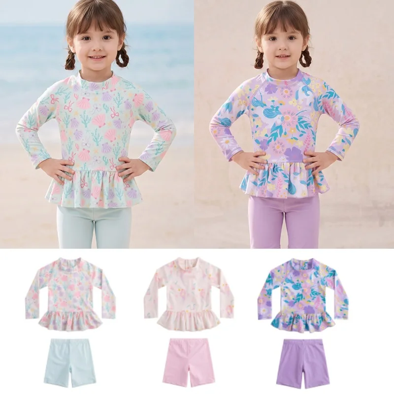 Girls' Swimwear 2026 Summer Printed Fashionable Long-Sleeve UV-Protective Two-Piece Children's Swimsuit Quick-Dry Baby Beachwear