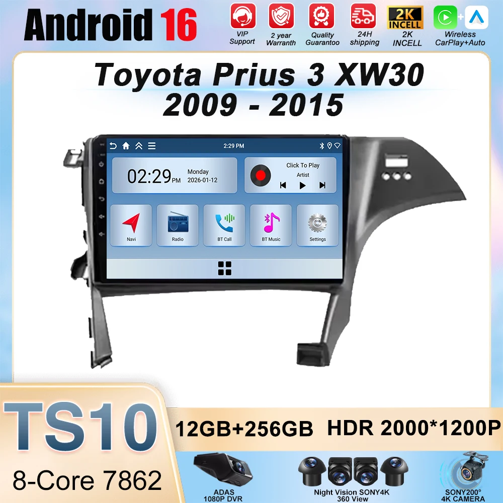 Android 16 para Toyota Prius 3 XW30 2009 - 2015, Tela de Rádio para Carro com Navegação GPS 2din DVD 5G para Motoristas com Volante à Direita