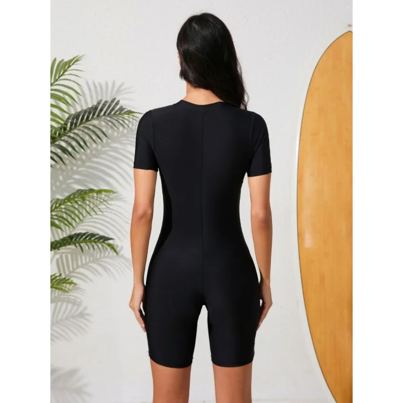 طباعة الأزهار كتلة اللون قصيرة الأكمام Boyleg قطعة واحدة ملابس السباحة النسائية Diveskin #2