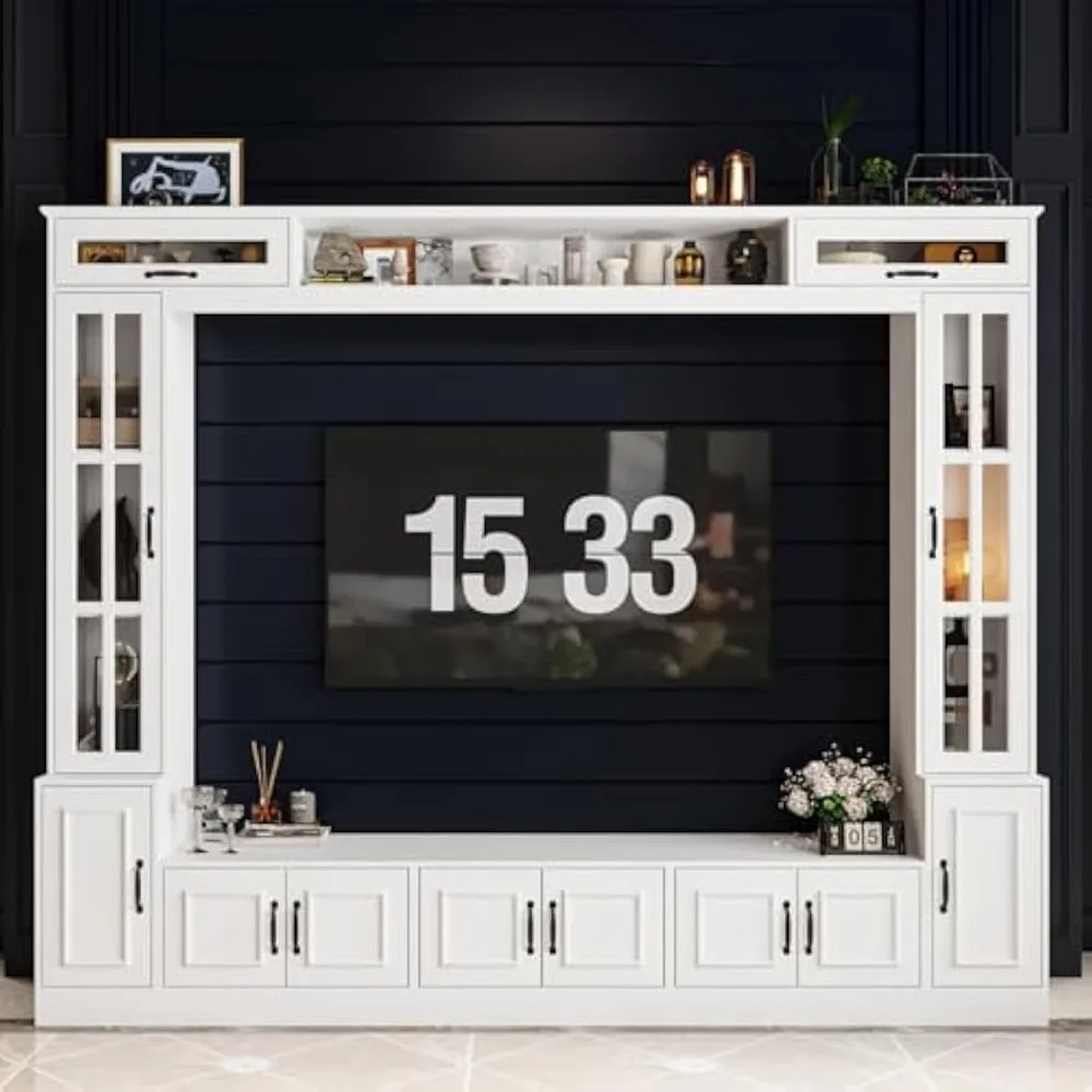 

Glass Door Entertainment Center with Storage Bridge, Traditional Media Console Table Wall Unit with Shelves for 70 75