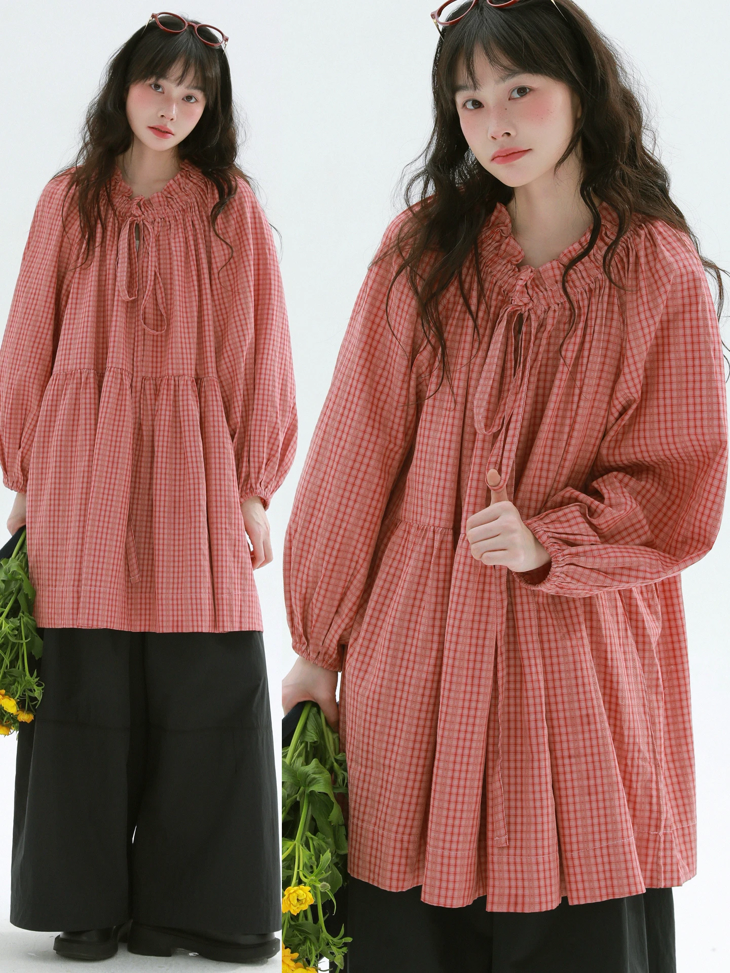 

Редкая клетчатая рубашка с завязками на горловине, винтажная, художественная, с поясом, длинными рукавами, свободного кроя, из смесового хлопка и полиэстера, стройнящая фигуру.