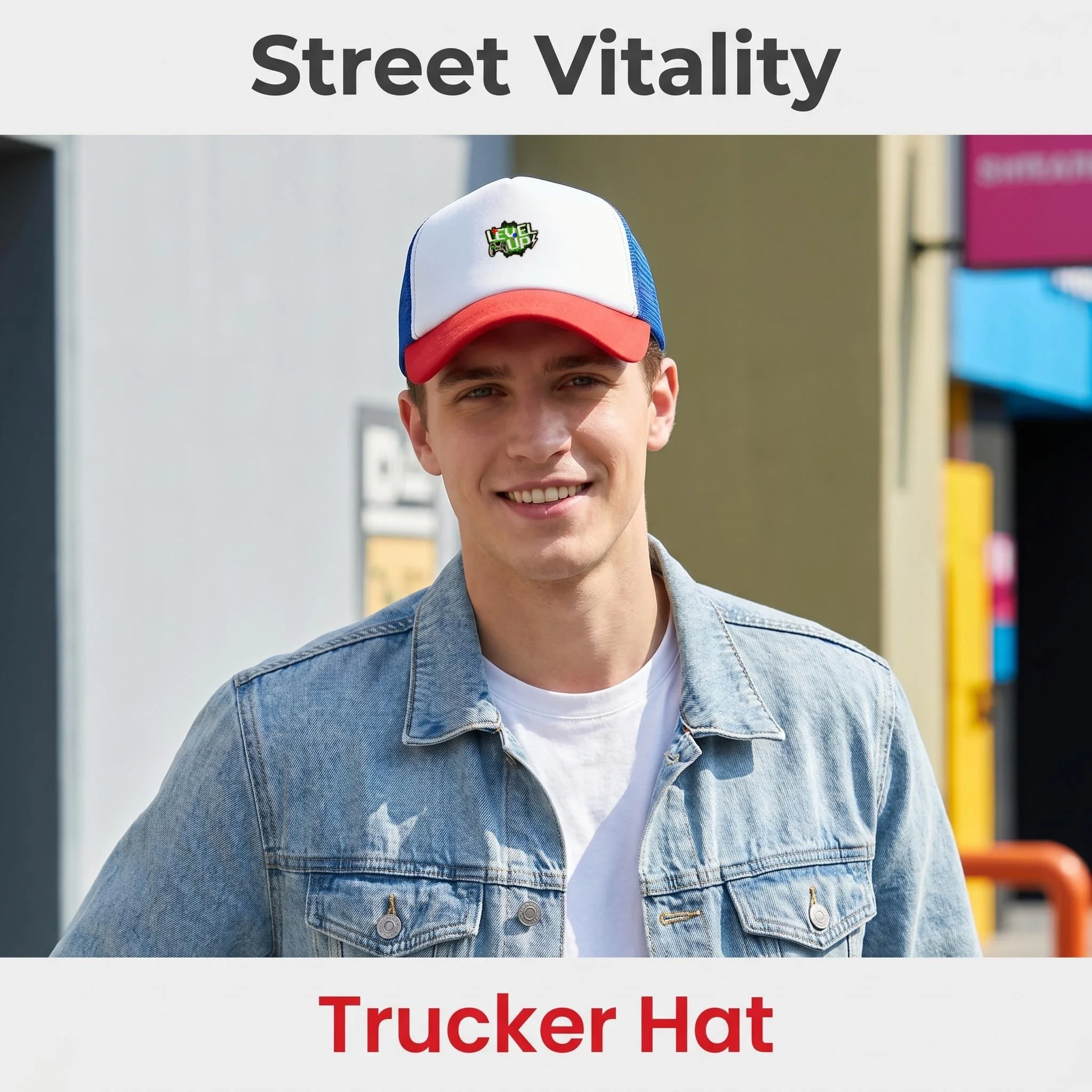 1PC Game LEVEL UP Pixel Graphic Fake Embossed Mesh Trucker Cap Contrast Color Breathable Baseball Sun Hat