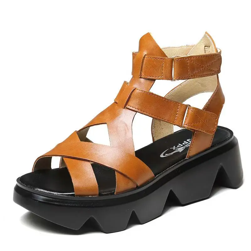 

Женские кожаные сандалии с открытым носком, новые летние легкие дышащие сандалии на толстой подошве с высоким берцем на липучке, модные сандалии на танкетке