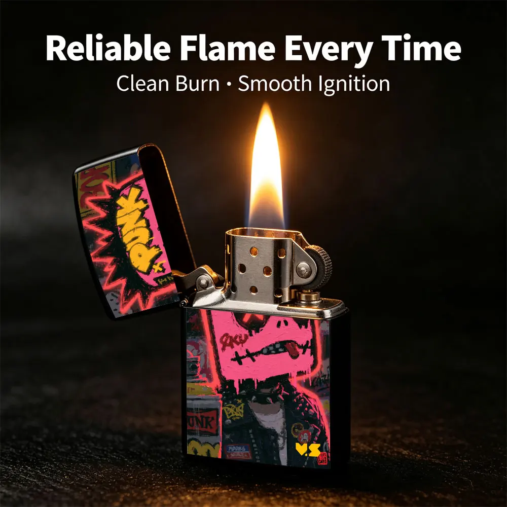 Pocket Lighter, Flip Top Design, Metal Case, Graffiti Art Print - Pink Face Man with Red Cross Mark, Windproof Flame, Comfortable Grip, Portable Durable, Creative Gift