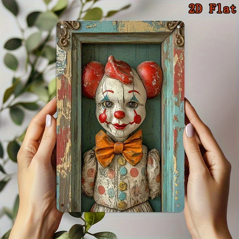 2D Flat - Retro Circus Clown Wall Decoration - 8.0X12.0 inch Rustic Blue And Orange 2D Flat Metal Sign Featuring a Red-Eyed Laug