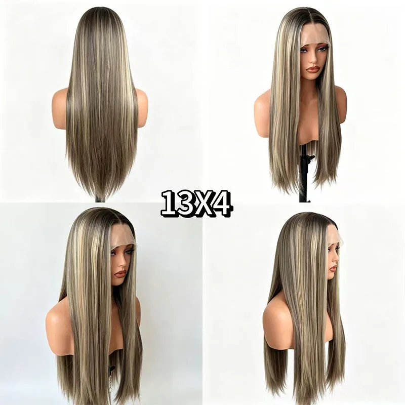 13X4 Platinum Brown Highlight Lace Front Wig Straight Synthetic Heat Resistant Pre Plucked Hairline For Women