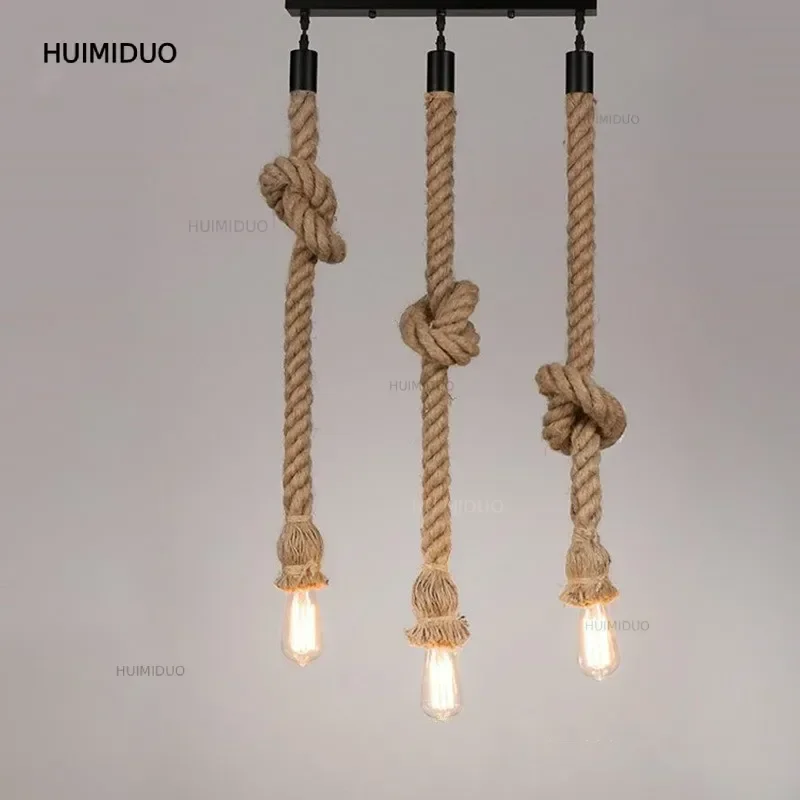 Style E27 Retro Three Head Hemp Rope Pendant Lamp Bulb Holder Hanging Light Fixture For Country Home Decor