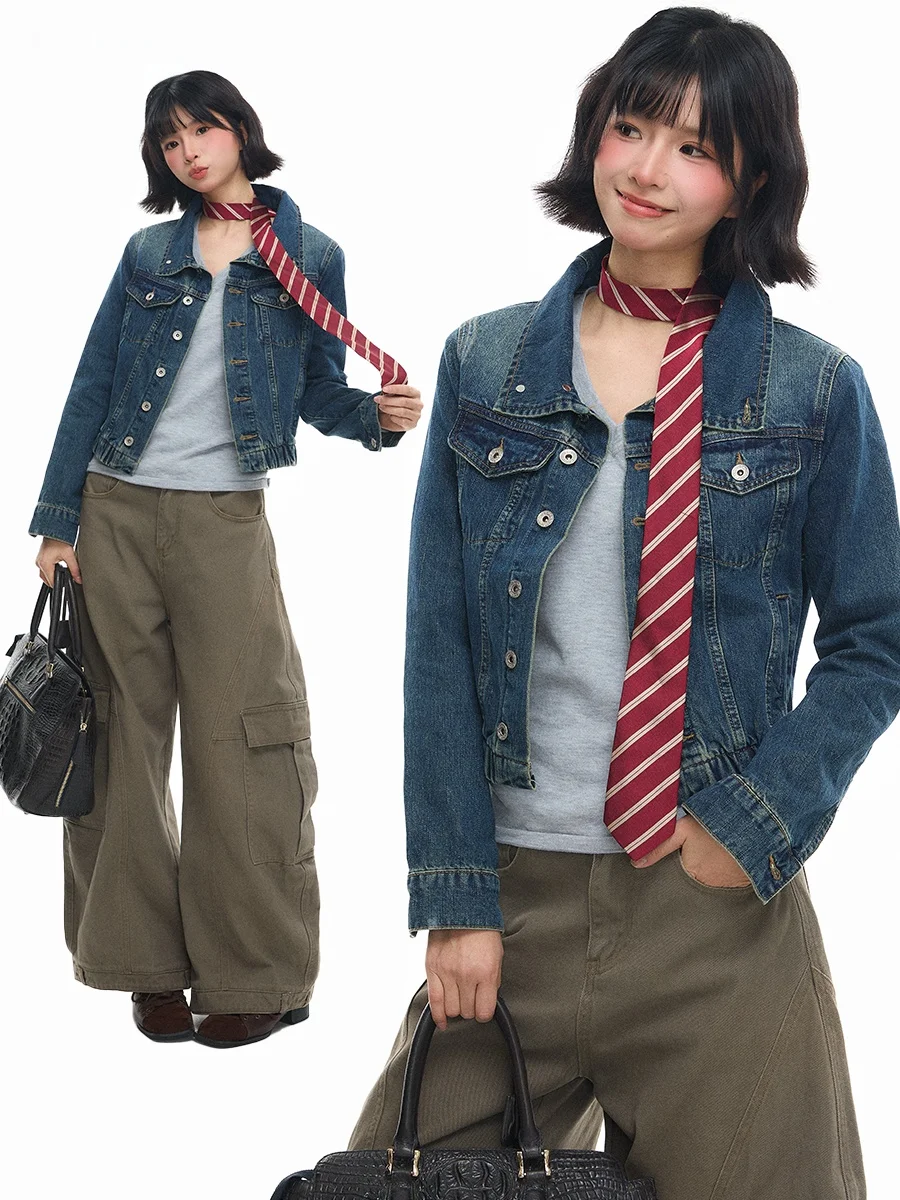 

Женская джинсовая куртка Sanowers в американском ретро-стиле с воротником-стойкой, свободного кроя, универсальная, модная, для весны и осени