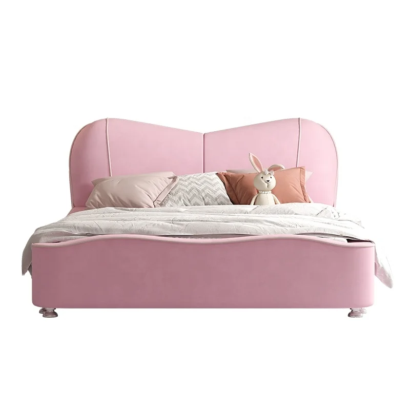 

New Design Home Bedroom Furniture Set Modern Wooden Frame Fabric Single Children pink Bed for Girl