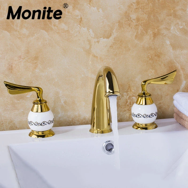 Monite Bathtub Golden Plated Bathroom Faucet European Split Basin Mixer Tap ceramic Faucet Body Leaves Handles Mixer Tap