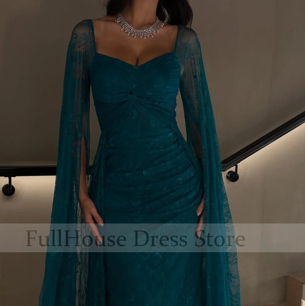 Bespoke Occasion Elegant V-neck Lace Cape Evening Dress Sheath Sexy Backless Maxi Length Saudi Arab Dress فساتين سهرة