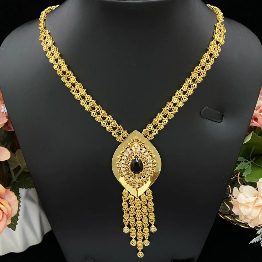 JRH Luxury Madam Evening Zircon Jewelry Set Gold Plated Brass 4-Piece Party Necklace Earrings Bracelet Ring