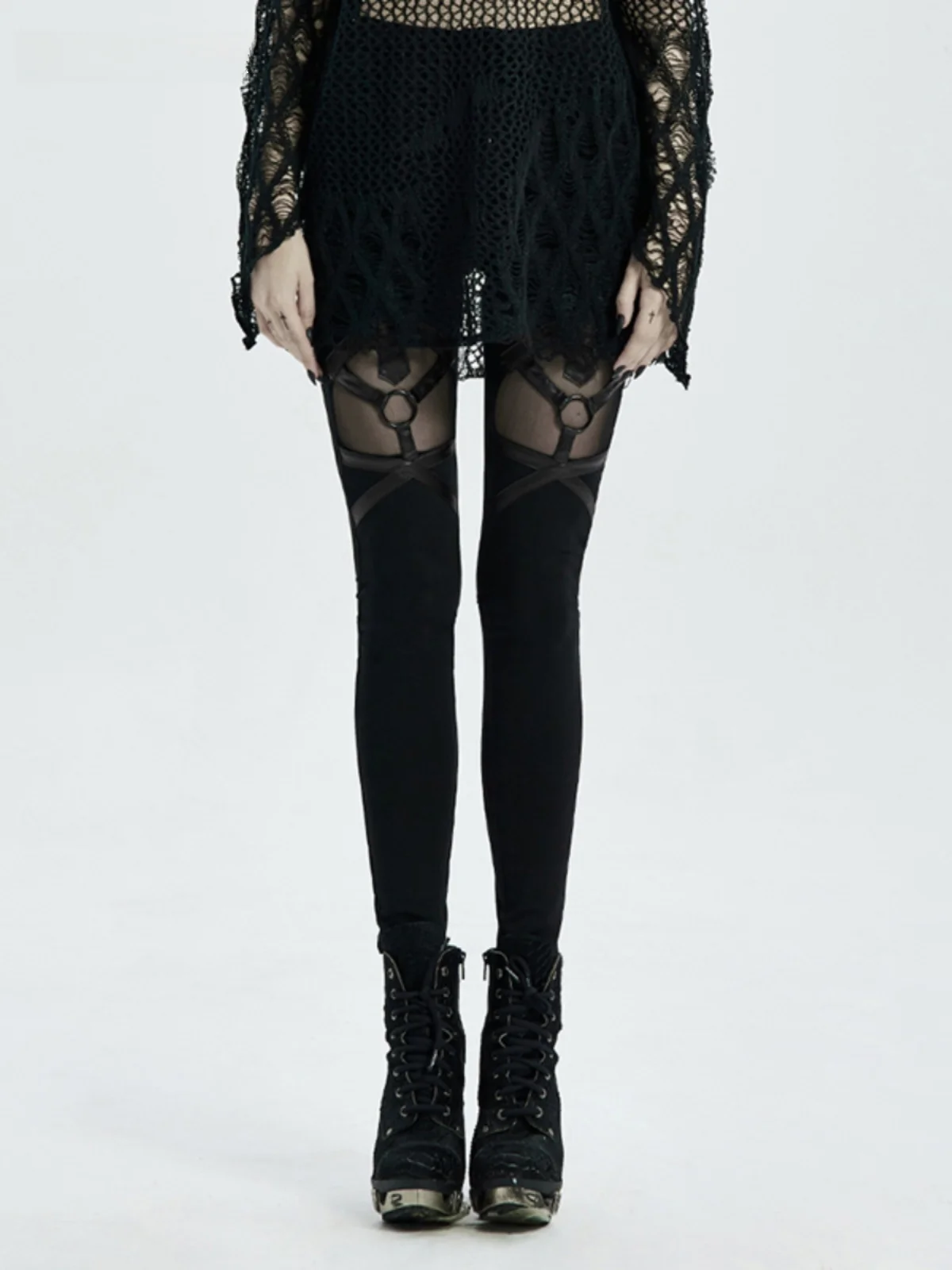 Gothic Rock Motorcycle Hollow out Mesh Splice Slim Fit Women's Elastic Long Pants Punk Rave Style Cotton Blend Stretchy Trousers
