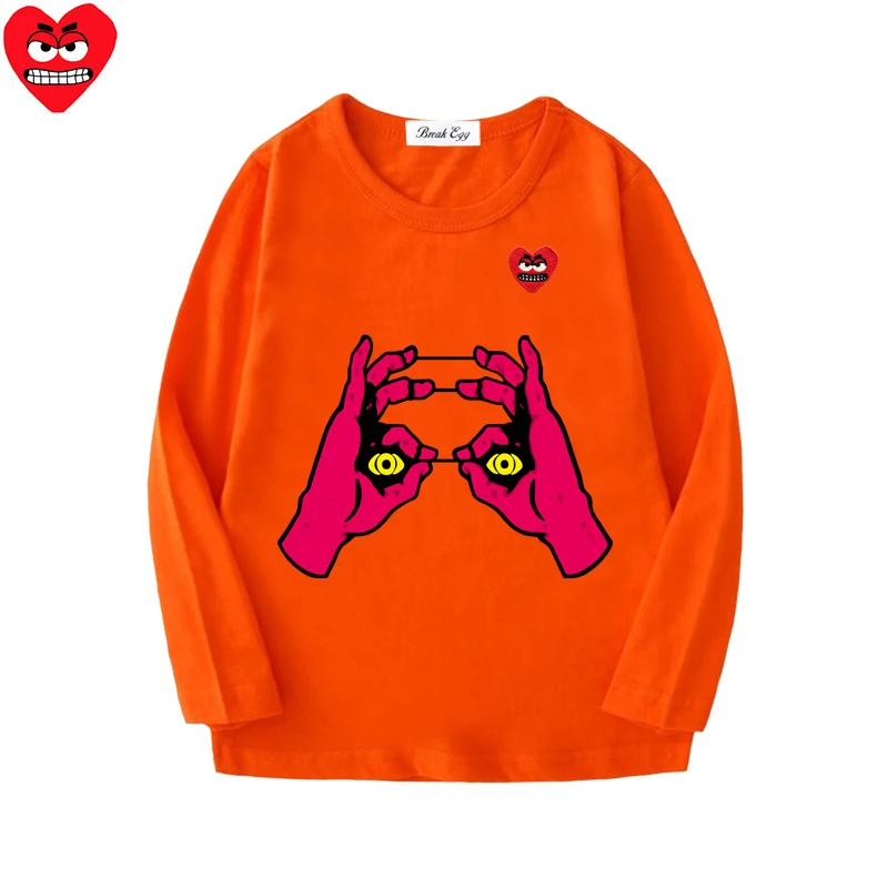 Hand Print Boy Girl T-shirt Cotton Cartoon Red Snag Heart Embroidery O-neck Long Sleeved Straight Summer T-shirt