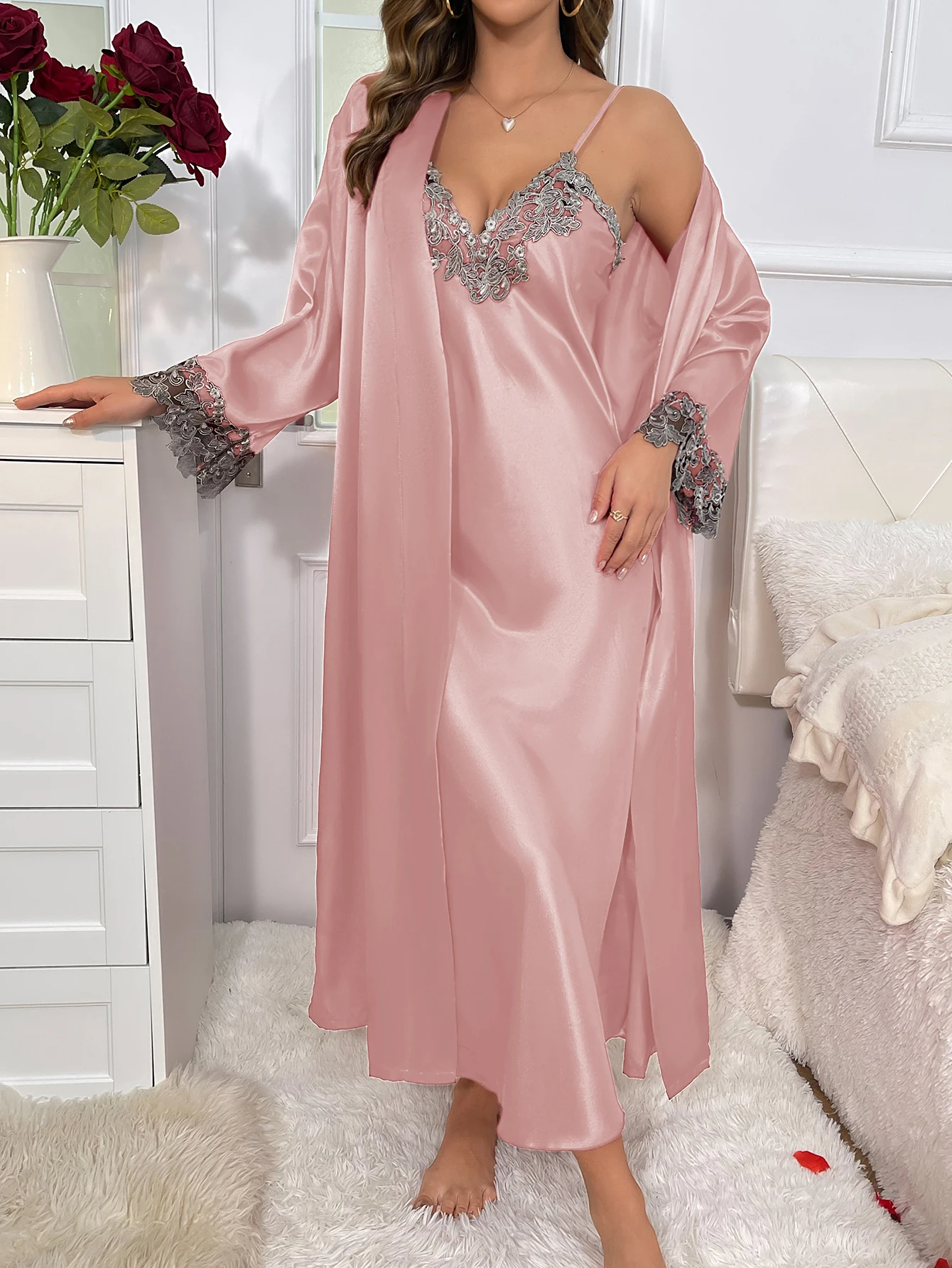 2cs Contrast Lace  Long Sleeve Belted Robe V Neck Slip Dress Sexy Elegant Women Pajamas  Sets