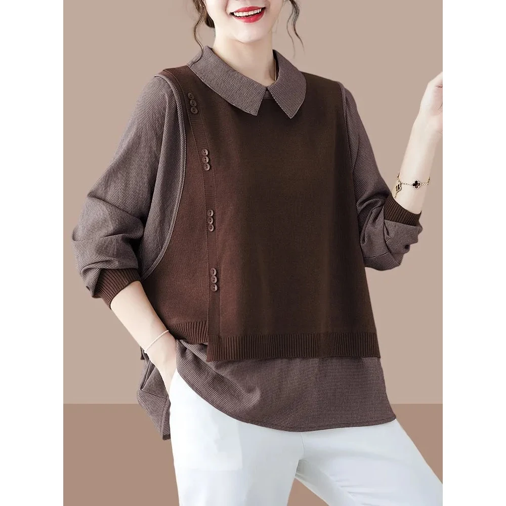 Women\'s Knitted Sweater Fashion Large Size Korean Loose Pullover Middle-aged Mother Fake Two Pieces Knitting Jumper Mujer 4XL