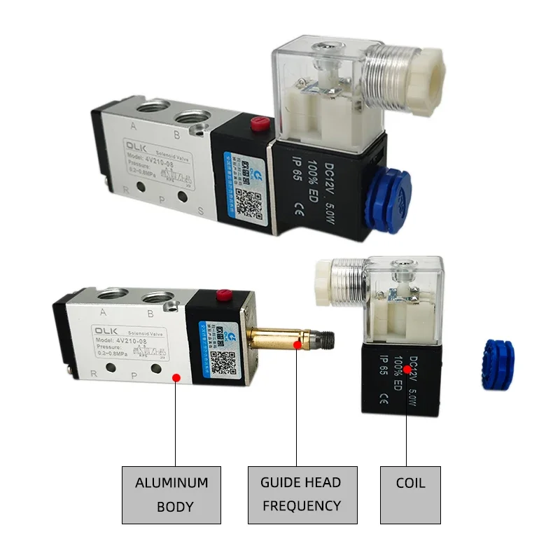 4V210-08 Pneumatic Cylinder Valve Electric Solenoid Valves 5 Way 2 Position Control Air Gas Magnetic 12V 24V 220V Coil Volt Hose