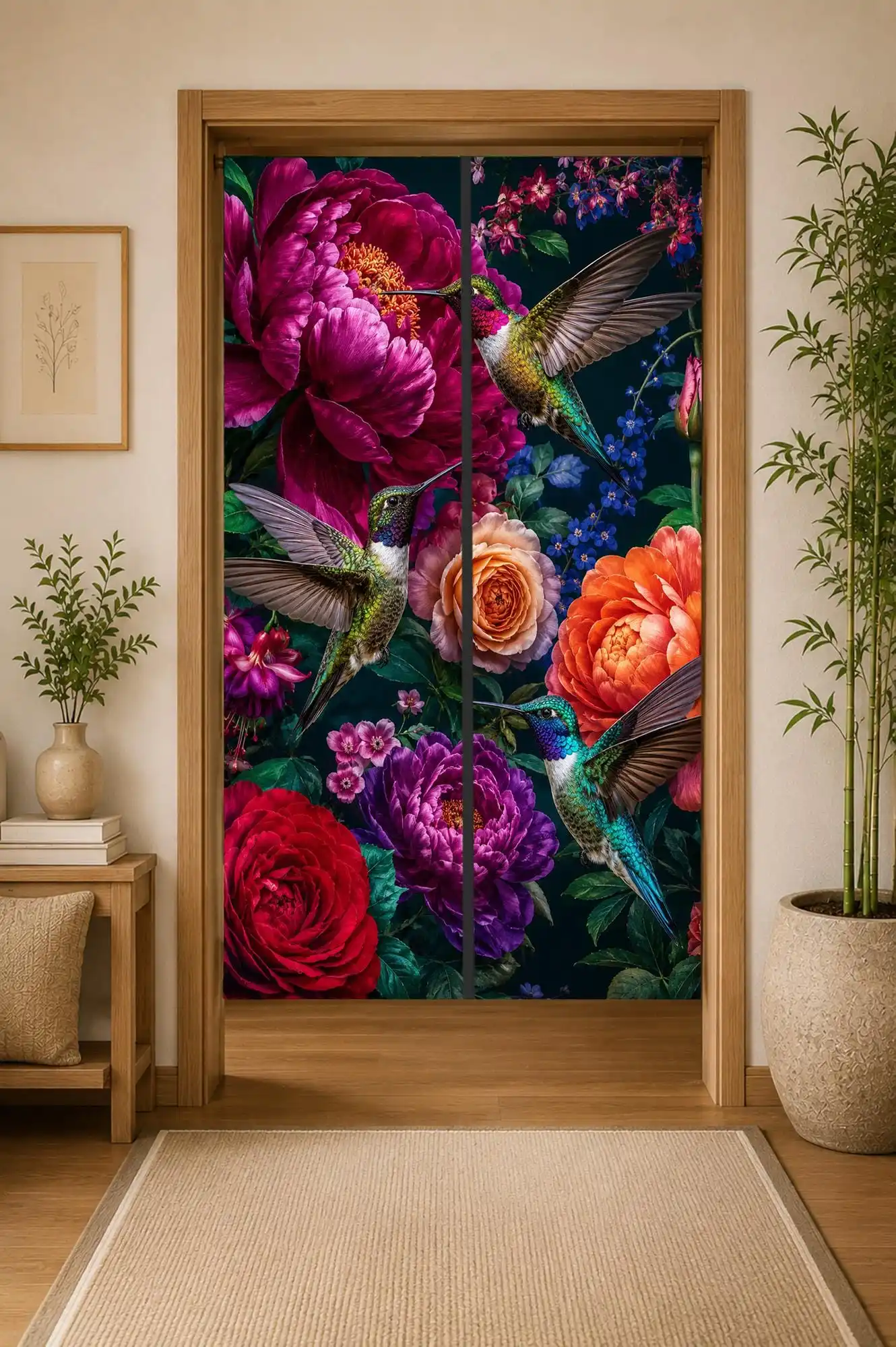 Vibrant Floral Peacock Hummingbird Print Decorative Room Curtain Door Screen for Home Interior Decor