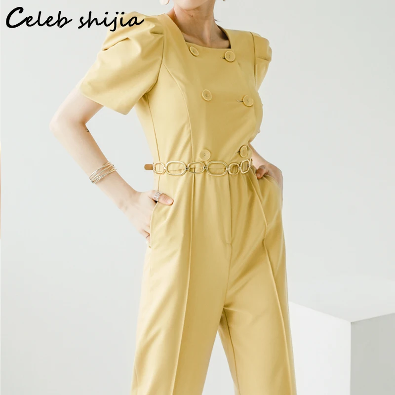 

Yellow Jumpsuit Women Chic 2023 Summer Double Breasted Elegance Jump Suits for Women Business Golden Chain Overalls Korean