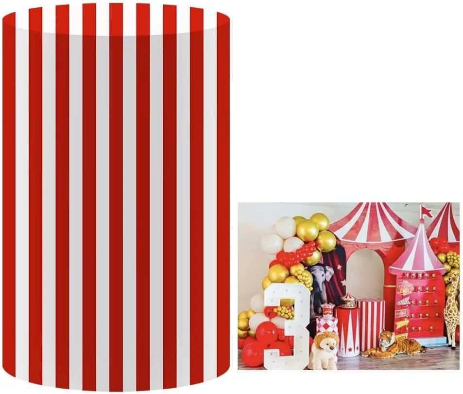 Mehofond Custom Cylinder Cover Backdrop Circus Carnival Stripes Kids Birthday Plinths Dessert Pedestal Background Decor Elastic