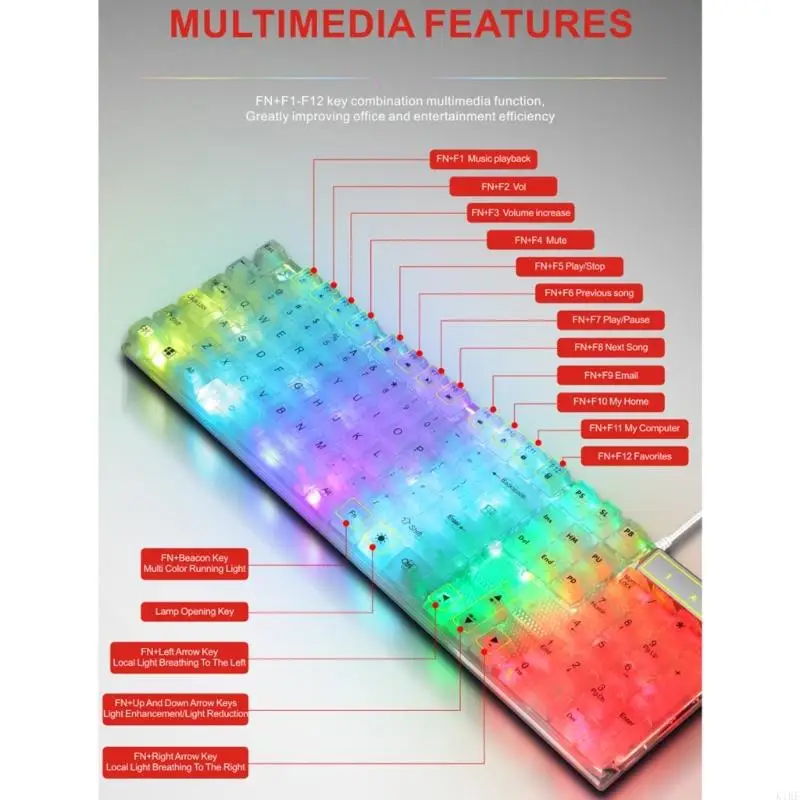 

USB Cord 104Key RGBs Backlit Gaming Keyboards Adjustable Lighting Floating Keycaps Water Resistant Dust Proof K1KF