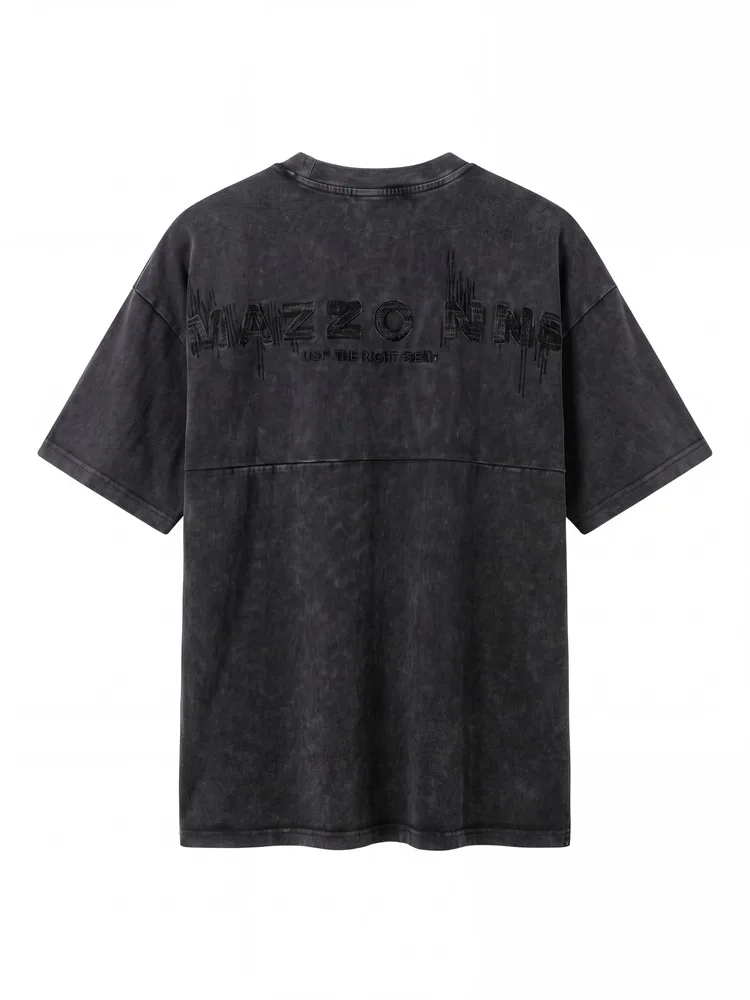 MAZZONNE Men's Washed Distressed Letter Embroidery T-Shirt Vintage Streetwear Crew Neck Short Sleeve H