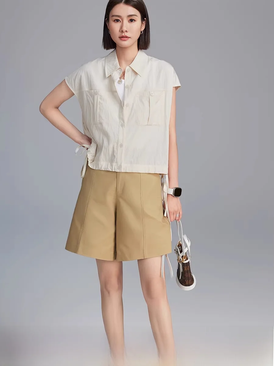 

Cloud Life Ice Tea Shirt Drawstring Hem Short Sleeveless Women's Shirt Summer New Style Skin-friendly Breathable Pure Color S...