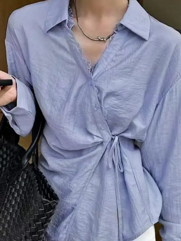 Women's AutumnTie-Waist Collared Shirt Long Sleeve Asymmetric Design Perfect for Casual Daily Styling