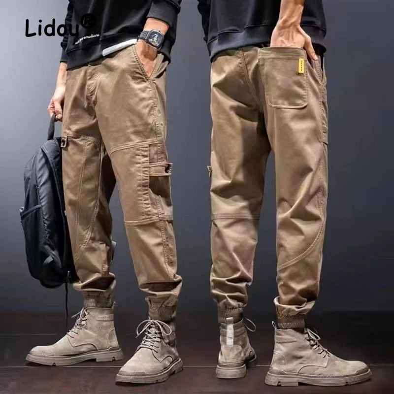 

Fashion Solid Color Multiple Pockets Men's Cargo Pants New Loose Straight Cylinder Street Casual Bind One's Feet Male Trousers