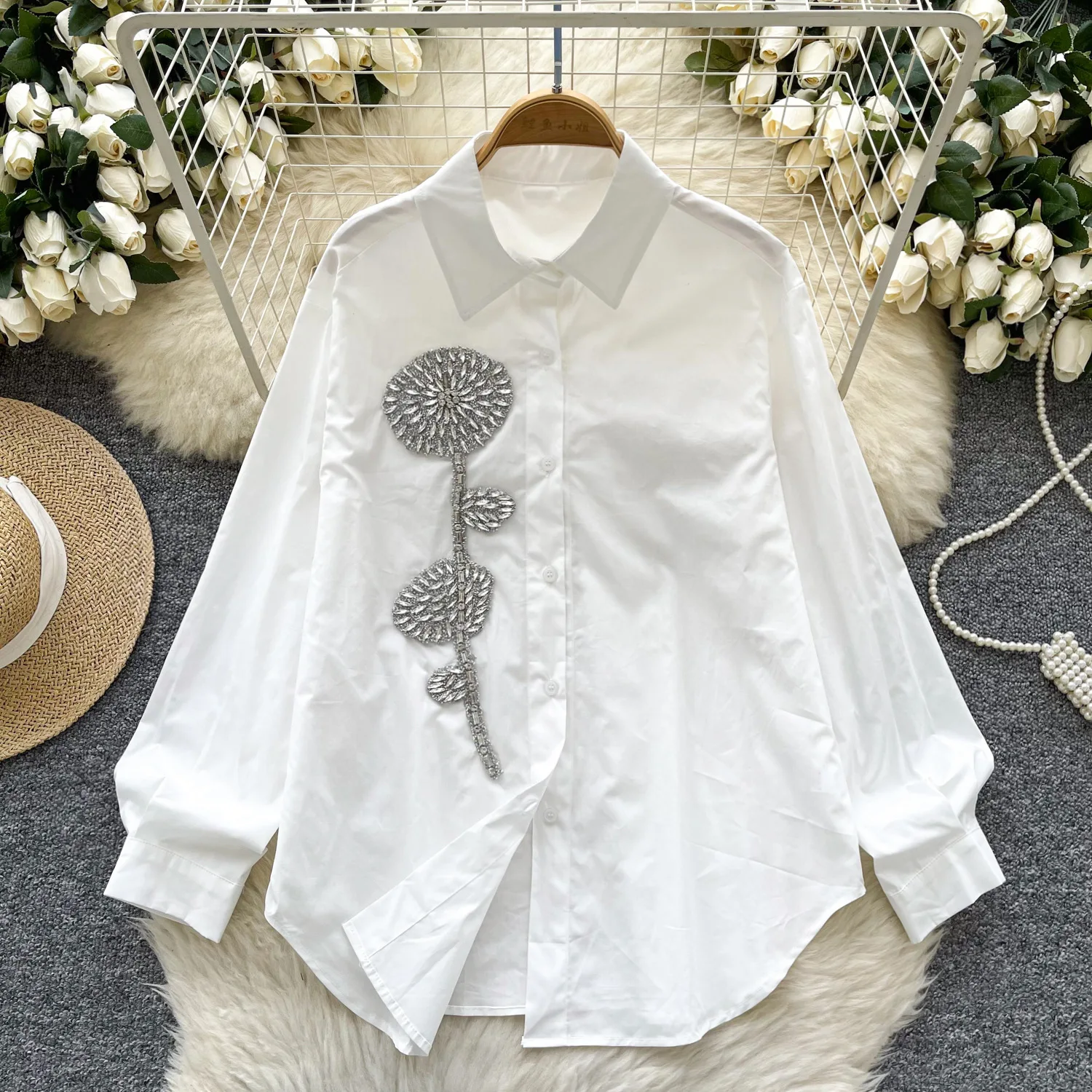

Women Shirt Top 3D Flower Diamonds Single Breasted Turn Down Collar Female Casual Shirts Spring Office Lady 2026 Overshirt