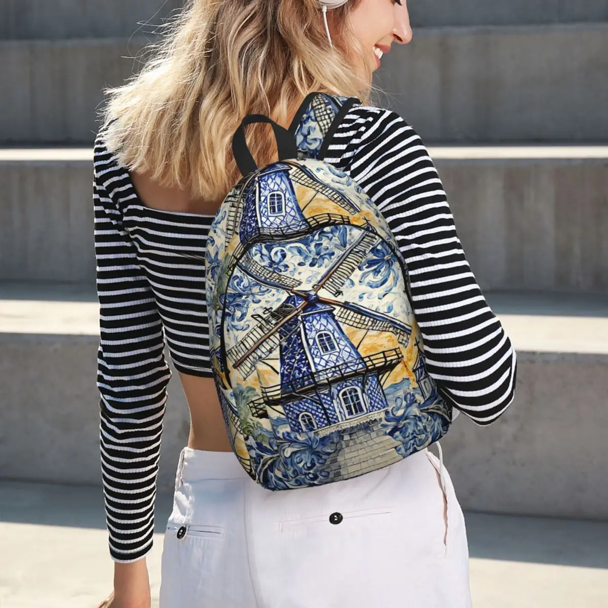 Dutch Blue Delft Windmill Art Student Backpack School Bag Hiking Travel Daypack for Boys Girls Bookbag Shoulder Bags