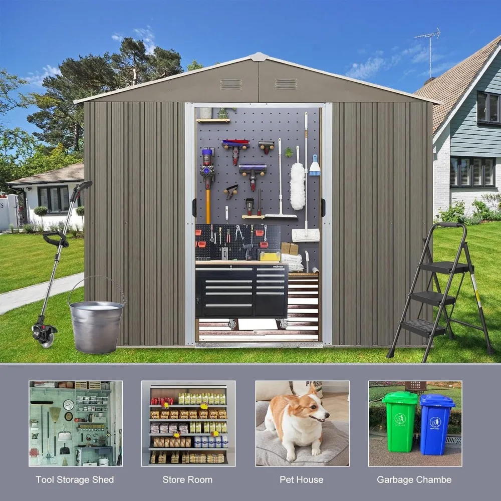 10 X 8 FT Outdoor Storage Shed, Metal Garden Shed with Floor Frame, Large Tool Shed with Lockable Sliding Doors & Air Vents