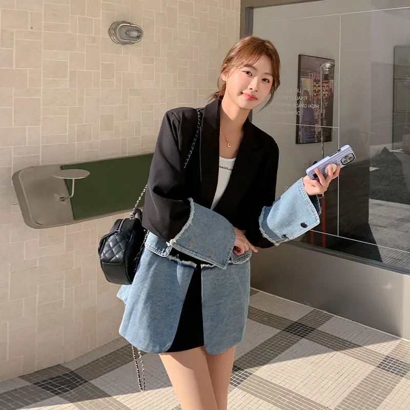

Women's Patchwork Design Denim Suit Spring Autumn Casual Top Vintage Coat Female Long Sleeved Commuting Jacket