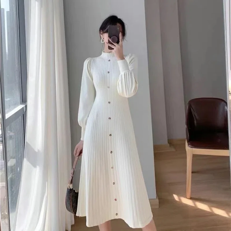 

Knitted Dresses Winter New Solid Color Korean Style Turtleneck Button Puff Sleeve Loose Casual Black Women Pulovers Midi Dress