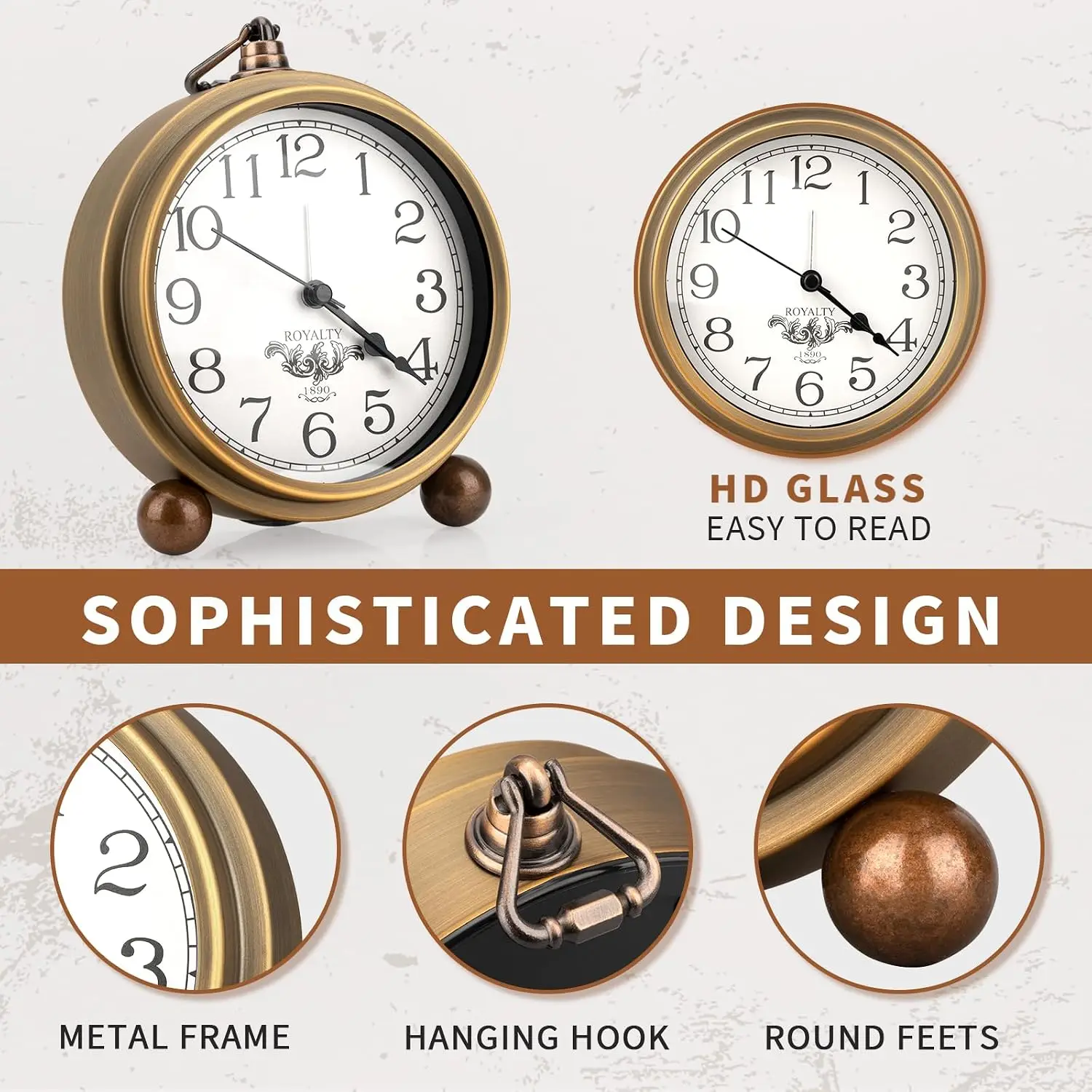 Metal Golden Table Clock, Retro Vintage Non-Ticking Small Alarm Clock,Battery Operated Silent Quartz Movement HD, Customized