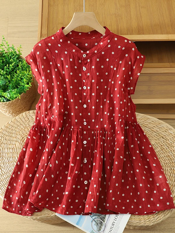 

Elegant Red Polka Dot Women's Oversized Lightweight round Neck Single Button Open Cardigan Shirt Casual Breathable Summer Top