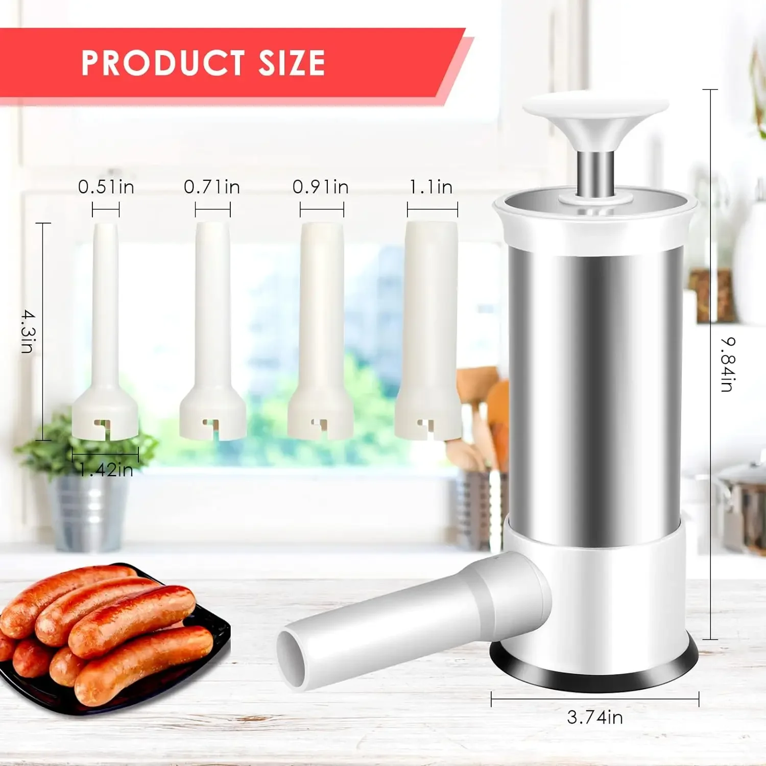 Sausage Stuffer Machine Stainless Steel Homemade Sausage Maker with 4 Stuffing Tubes Household Kitchen Meat Stuffer Filling Tool