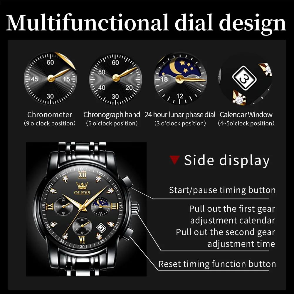 OLEVS นาฬิกาผู้ชายยอดนิยมสแตนเลสสีดำมูนเฟสโครโนกราฟนาฬิกาควอทซ์สำหรับผู้ชายวันที่นาฬิกาข้อมือแบรนด์เดิม