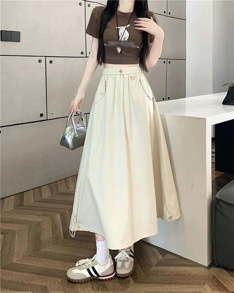 Y2k Women Cargo Long Skirts Vintage Loose High Waist Streetwear Skirt Retro Casual American Shirring Solid A Line Skirt New