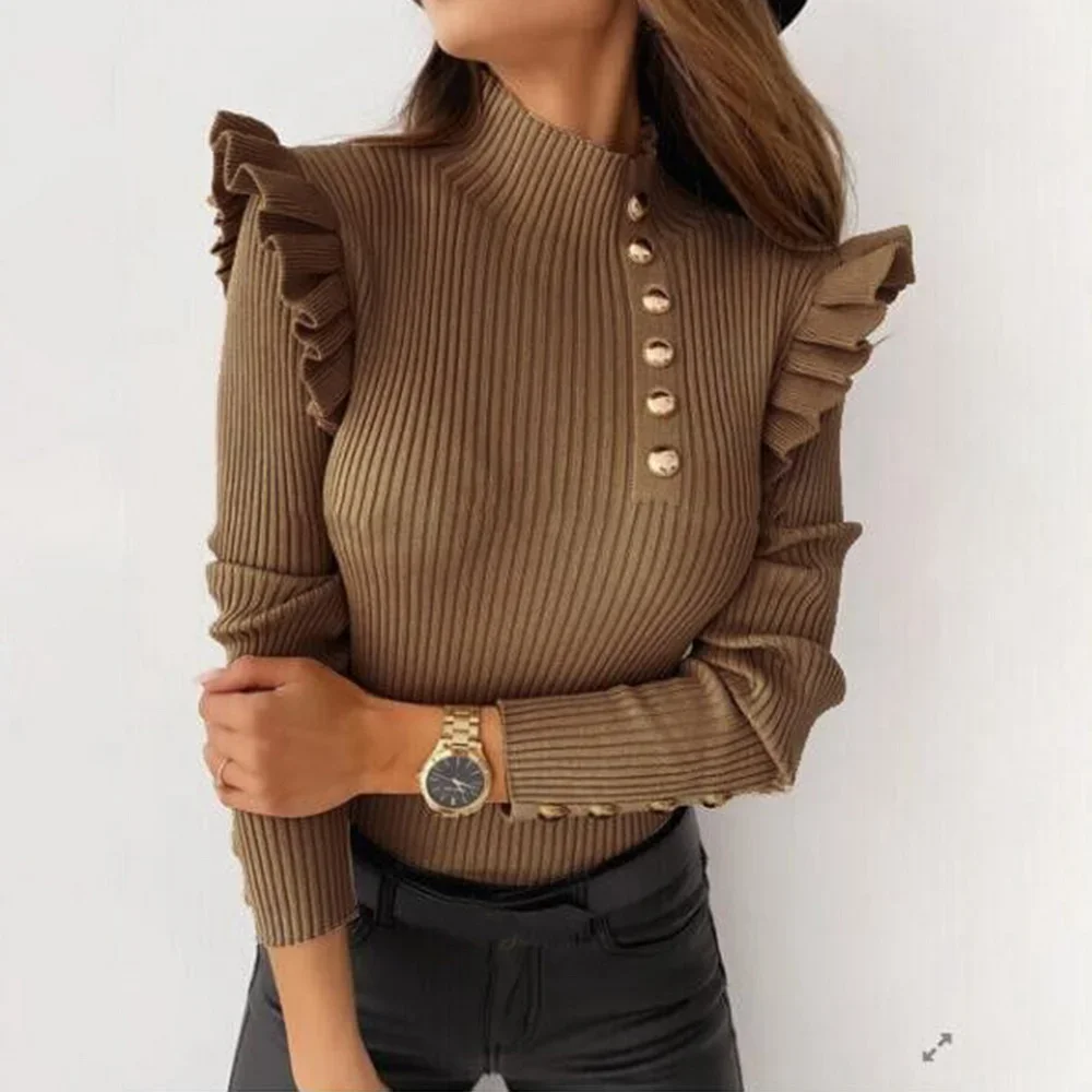 

Women's Casual Pure Color Korean Ruffled Button Pullover Turtleneck New Oversized Fall Winter Knitted Sweater Black White Khaki