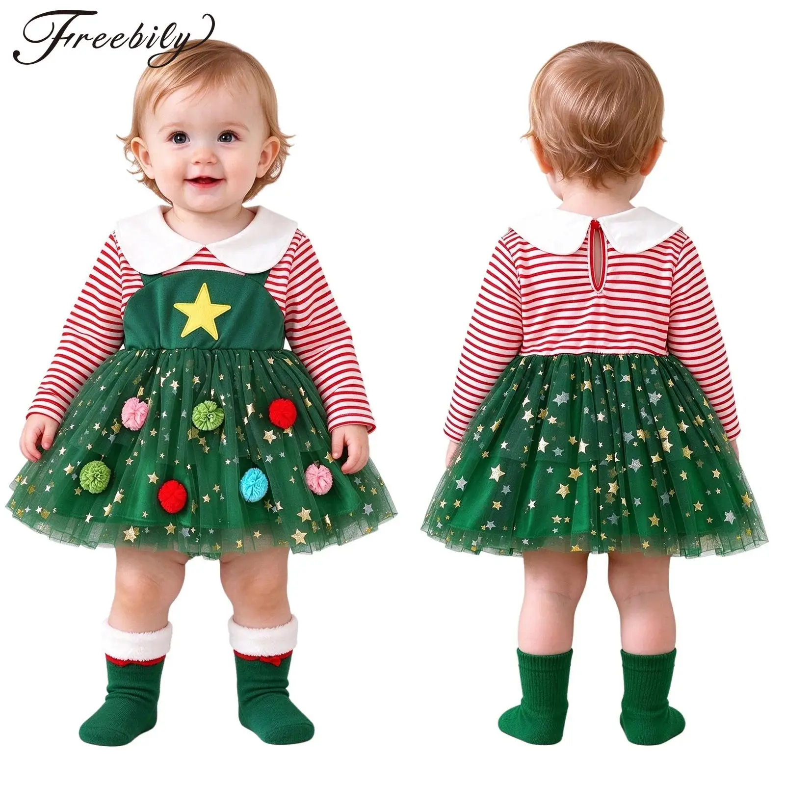 Toddler Baby Girls Christmas Dress Long Sleeve Striped Bodice Star Sequin Layered Tulle Dresses Infant Xmas Holiday Party Outfit