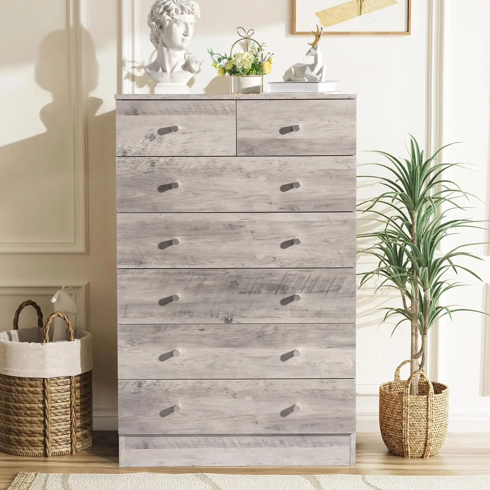 Modern 7-Drawer Gray Dresser - Sleek Storage Solution for Bedroom & Living Room