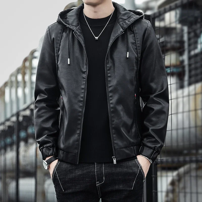 

Autumn and Winter Men's Fashion Trends Leather Jacket with Hooded Hat Windproof and Warm Casual Locomotive Uniform Workwear