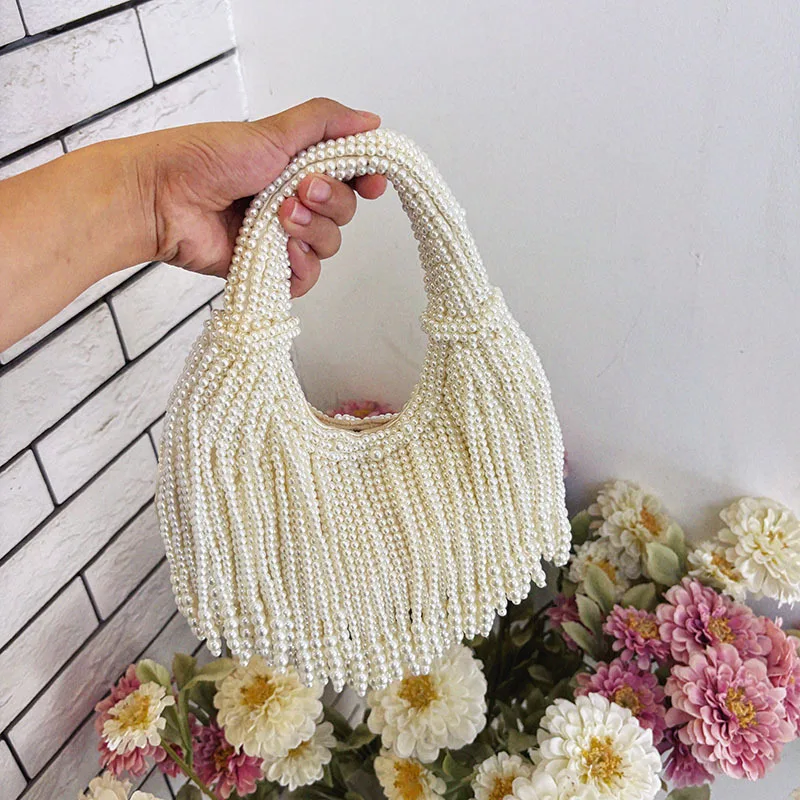 

Fashionable Long Tassel Design Women's Handmade Evening Bag Unique Chain Crossbody Bucket Bag Female Luxury Pearl Beaded Handba