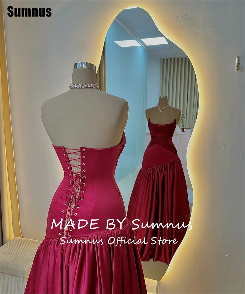 فستان Sumnus الحديث على شكل حرف A للحفلات الراقصة من الساتان الأحمر برقبة قارب ثنيات فساتين الحفلات بألوان متباينة فستان سهرة مخصص #4